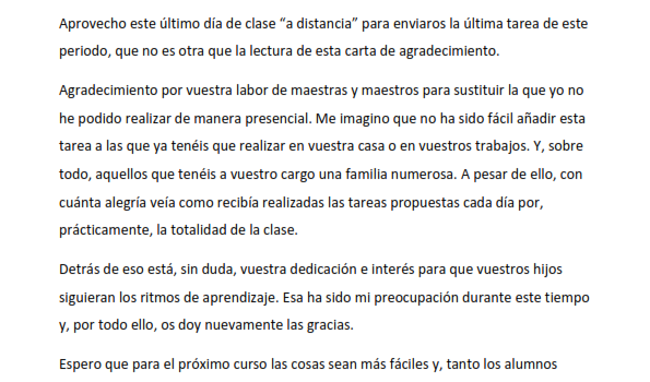 Carta de agradecimiento a las familias